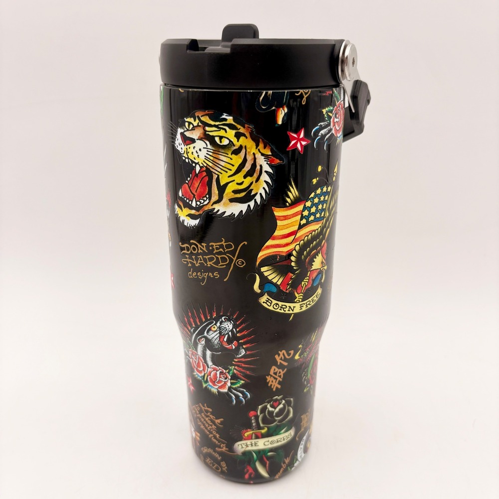 Ed‎ Hardy Designs Tattoo Flash Art Travel Tumbler Black Insulated Handle Lid